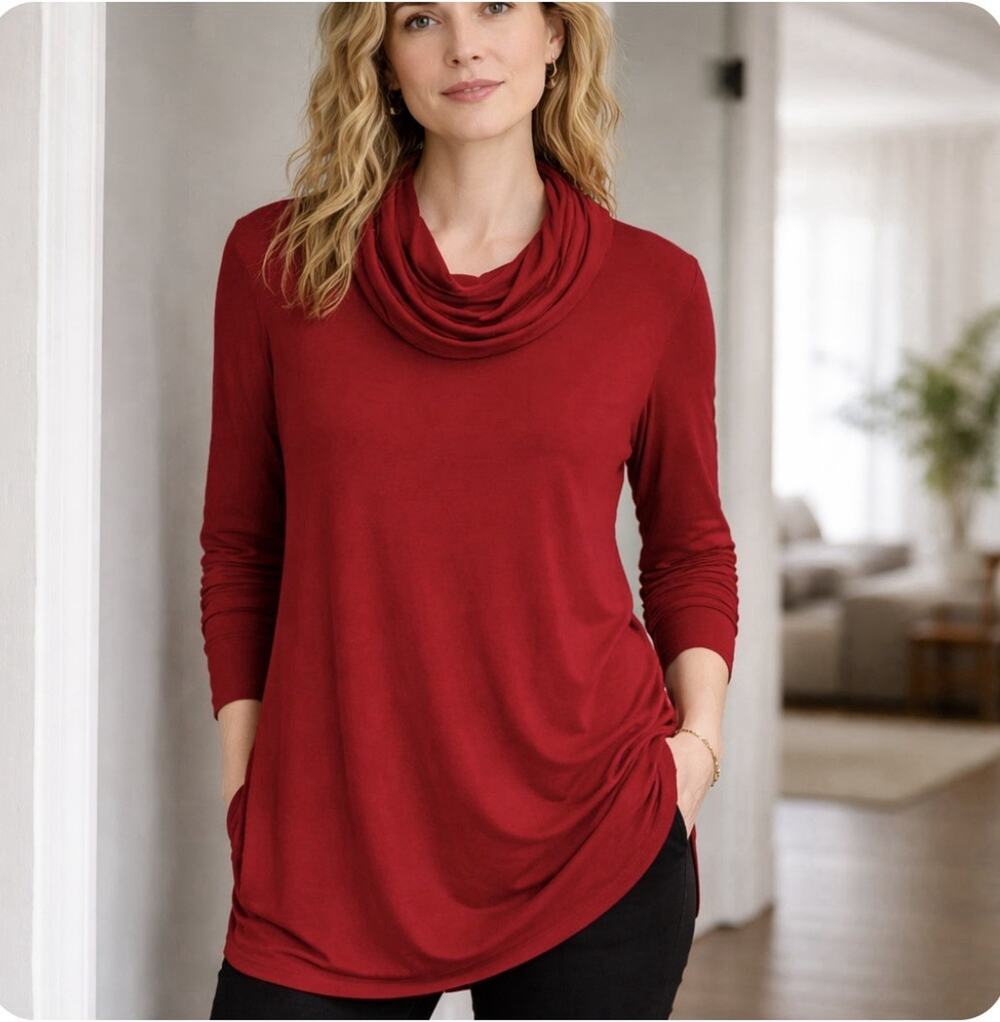 Eileen Fisher Sz M LS Red Cowl Neck Red Ovrszd Minimalist Timeless Comfort Tunic